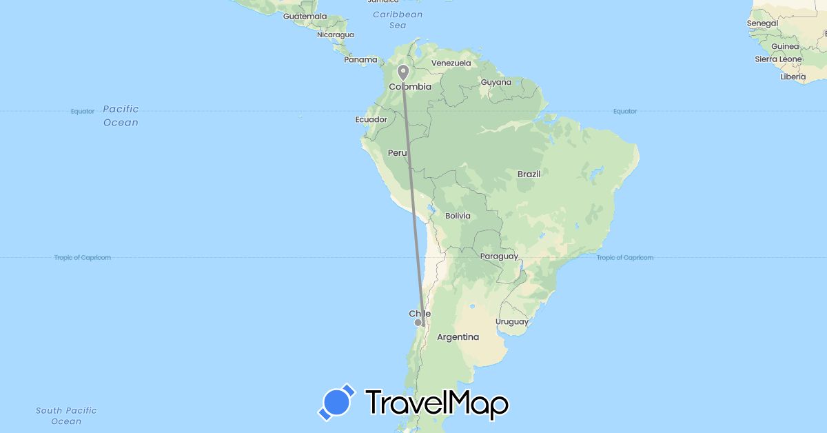 TravelMap itinerary: driving, plane in Chile, Colombia (South America)